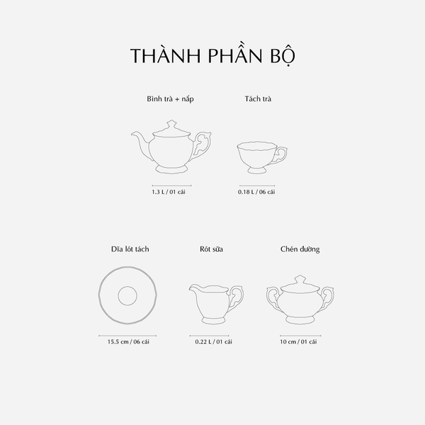 Bộ trà 1.3 L - Đài Các - Chỉ Vàng