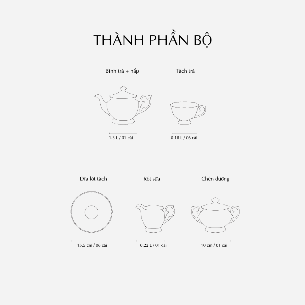 Bộ trà 1.3 L - Đài Các - Trang Trí Bạch Kim