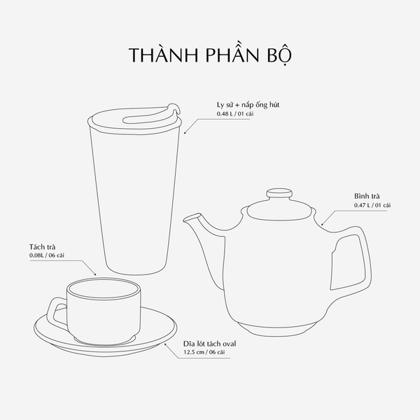 Combo 8 - Bộ trà Anna cao 0.47L VCV - Ly sứ dưỡng sinh (trắng)