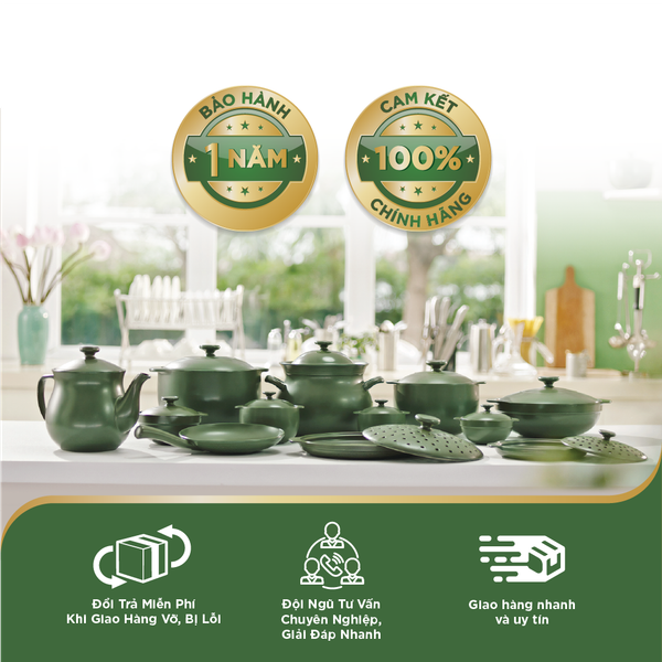 Chảo chiên dưỡng sinh 35cm + nắp - HealhyCook - Xanh rêu