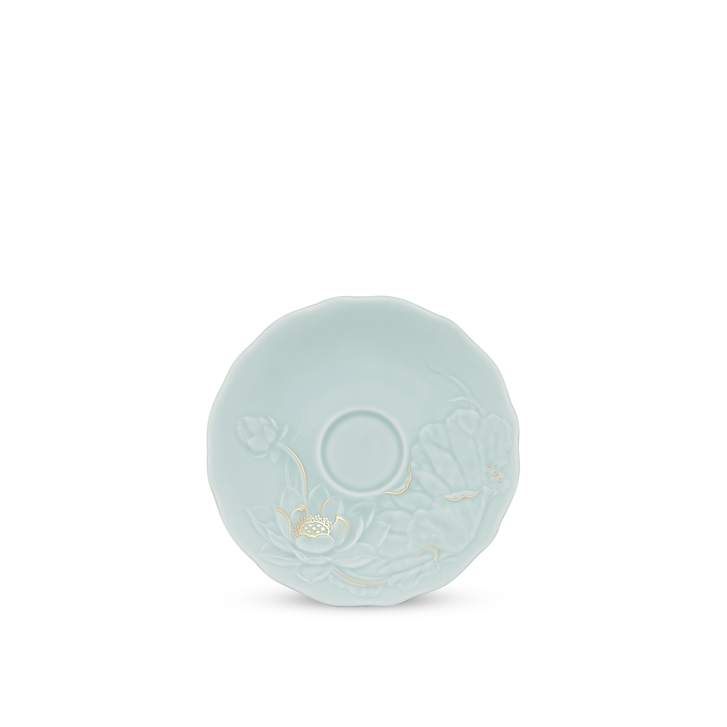 Dĩa lót 13 cm - Sen - Men Ngọc Sương Mờ (Trang Trí Vàng)