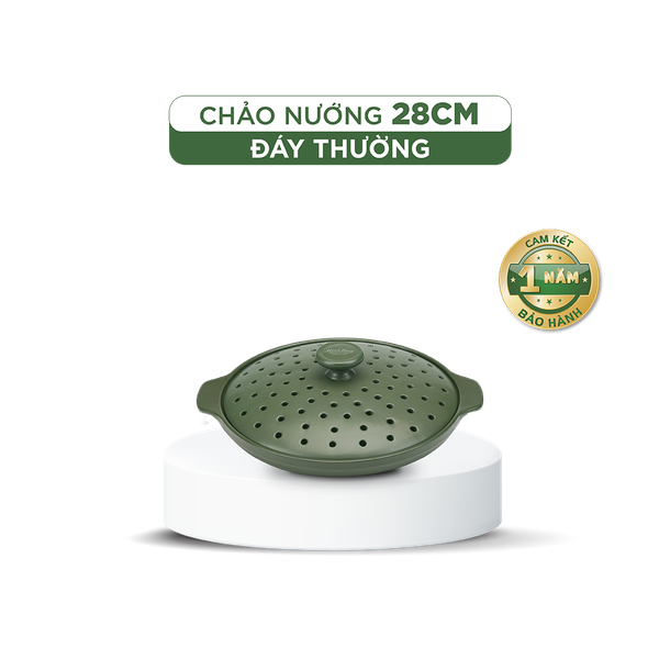 Chảo nướng dưỡng sinh 28 cm + nắp có lỗ - HealthyCook - Xanh Rêu