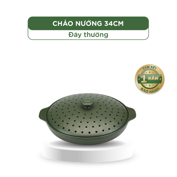 Chảo nướng dưỡng sinh 34 cm + nắp có lỗ - Healthy Cook - Xanh Rêu