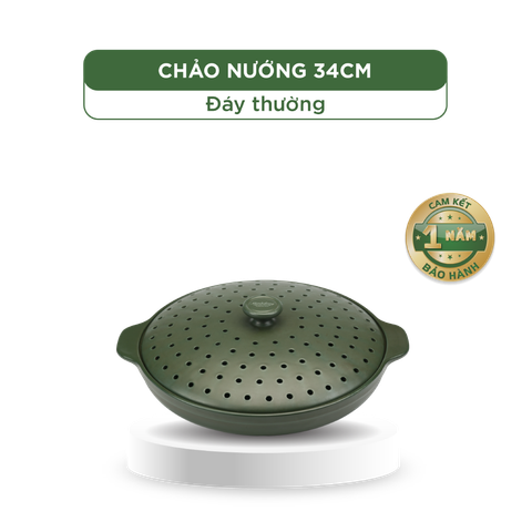  Chảo nướng dưỡng sinh 34 cm + nắp có lỗ - Healthy Cook - Xanh Rêu 