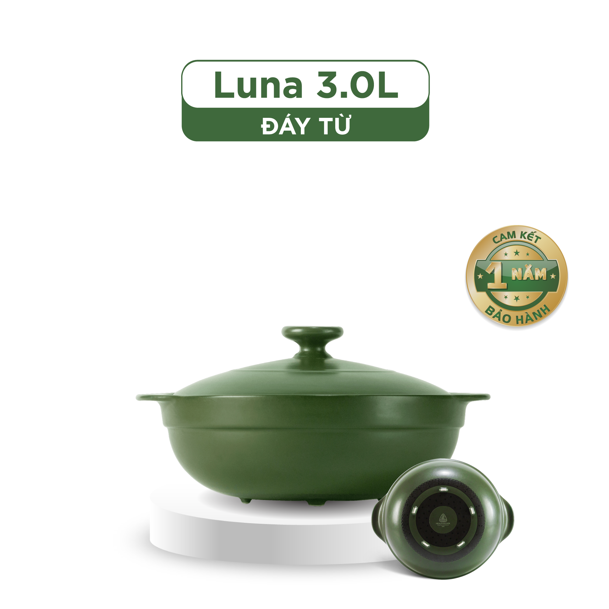 Nồi dưỡng sinh Luna (Nồi cạn) 3.0 L + nắp (CK) - Xanh Rêu