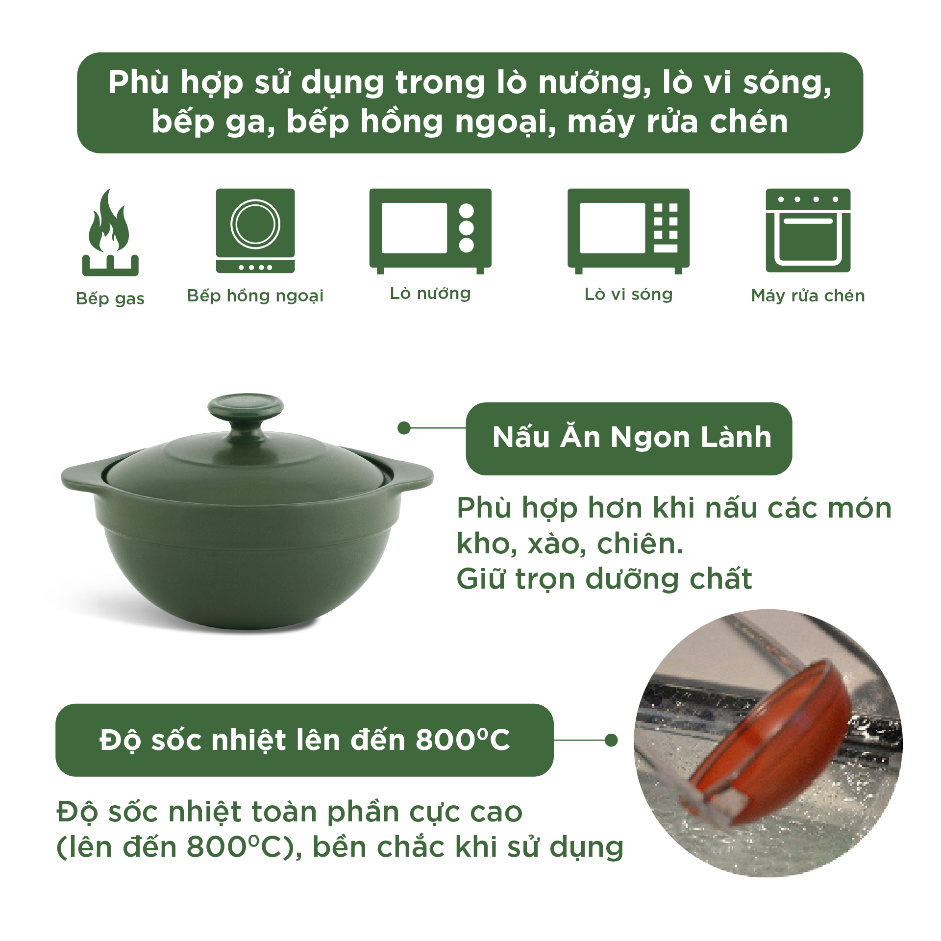 Nồi dưỡng sinh Luna 0.35L + nắp - Healthycook - Xanh Rêu