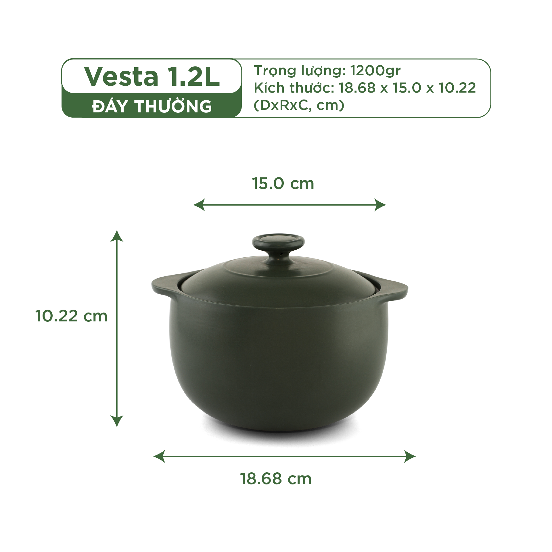 Nồi dưỡng sinh Vesta 1.2 L (nồi tròn cao) + nắp - Xanh Rêu