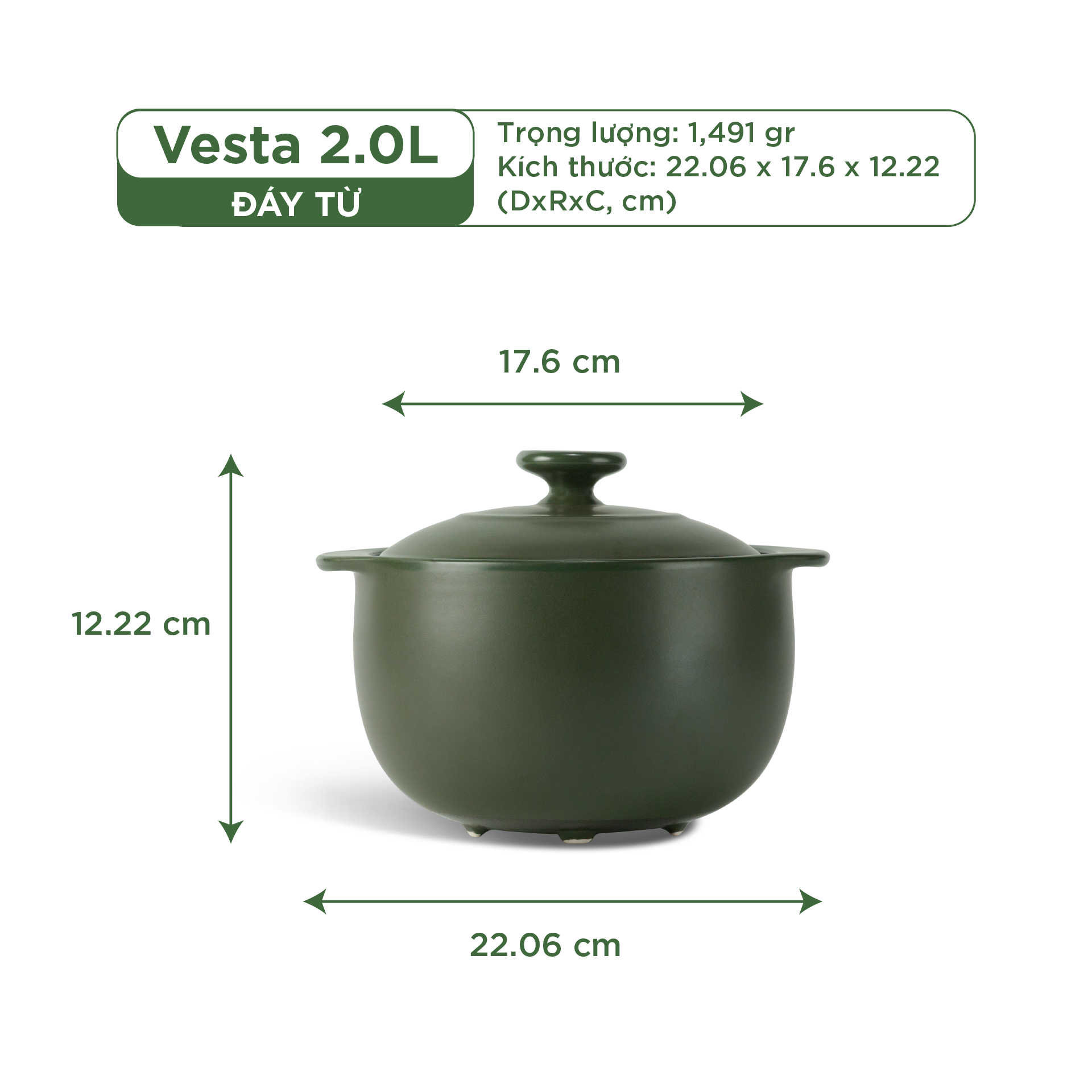 Nồi dưỡng sinh Vesta (Nồi tròn cao) 2.0 L + nắp (CK) (bếp từ) - Xanh Rêu