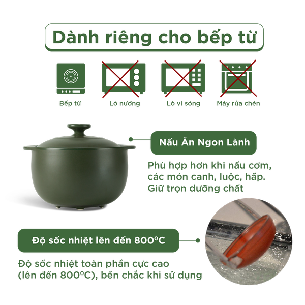 Nồi dưỡng sinh Vesta (Nồi tròn cao) 2.0 L + nắp (CK) (bếp từ) - Xanh Rêu