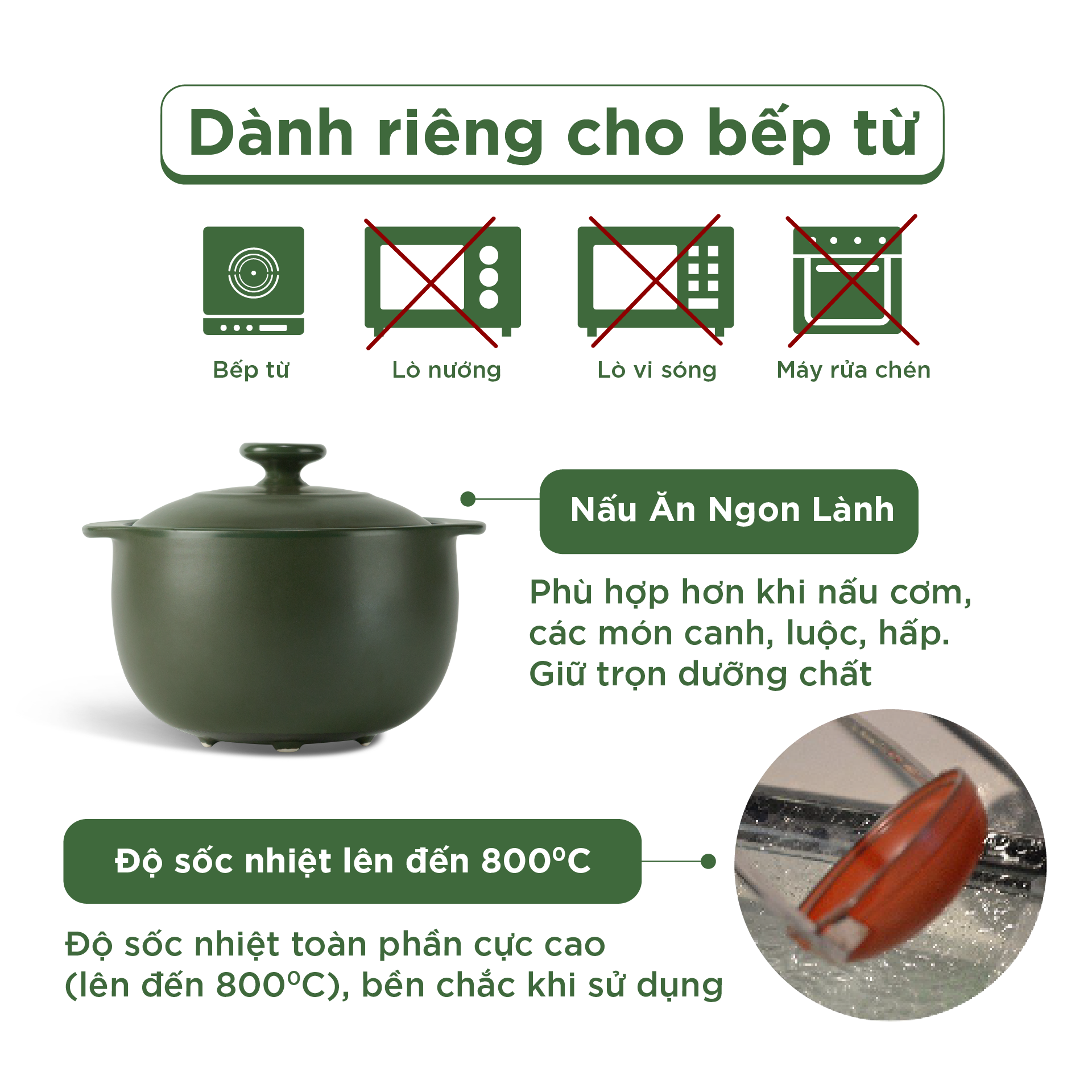 Nồi dưỡng sinh Vesta (Nồi tròn cao) 2.0 L + nắp (CK) (bếp từ) - Xanh Rêu