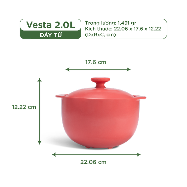 Nồi dưỡng sinh Vesta (Nồi tròn cao) 2.0 L + nắp (CK) (bếp từ) - Màu Đỏ 2