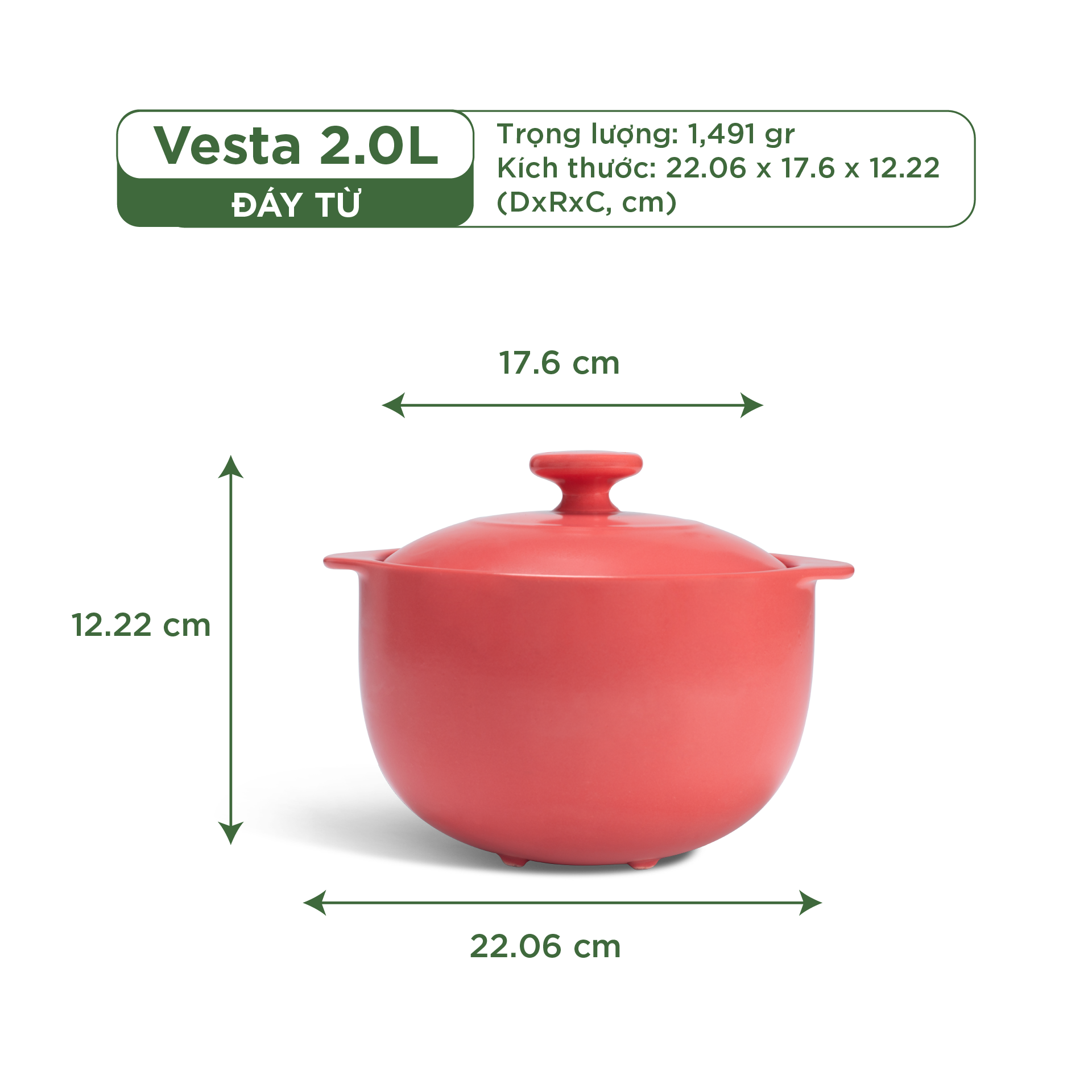 Nồi dưỡng sinh Vesta (Nồi tròn cao) 2.0 L + nắp (CK) (bếp từ) - Màu Đỏ 2