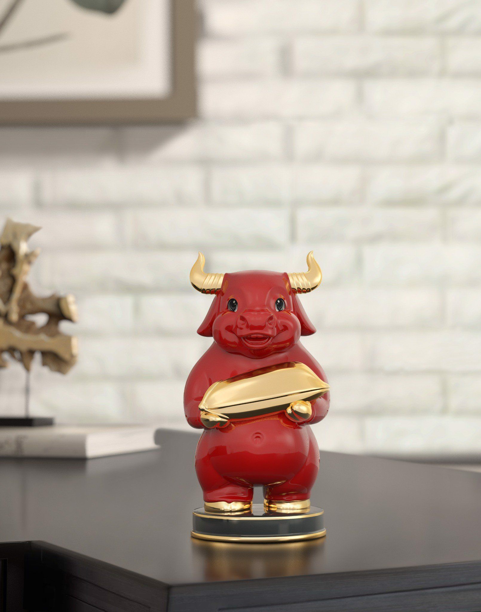 Trâu Như Ý 16cm - Màu Đỏ - Trang trí vàng 24k