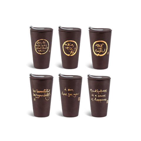  Bộ 6 ly sứ dưỡng sinh 0.48 L (K1) + nắp ống hút - Dưỡng Sinh - Tử Sa Nâu 