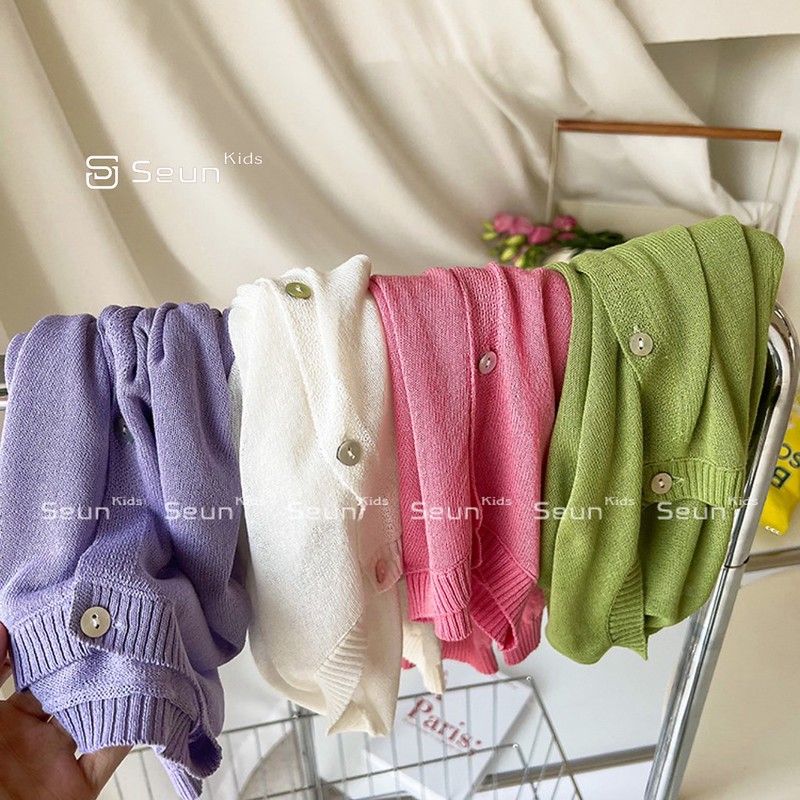  Áo cardigan bé gái dệt kim trơn basic be, hồng tím, xanh lá xuân hè thu đông 