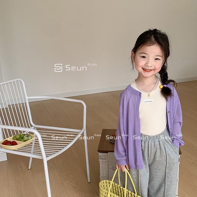  Áo cardigan bé gái dệt kim trơn basic be, hồng tím, xanh lá xuân hè thu đông 