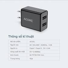 Củ sạc ACOME 2 cổng USB hỗ trợ sạc nhanh 2.4A