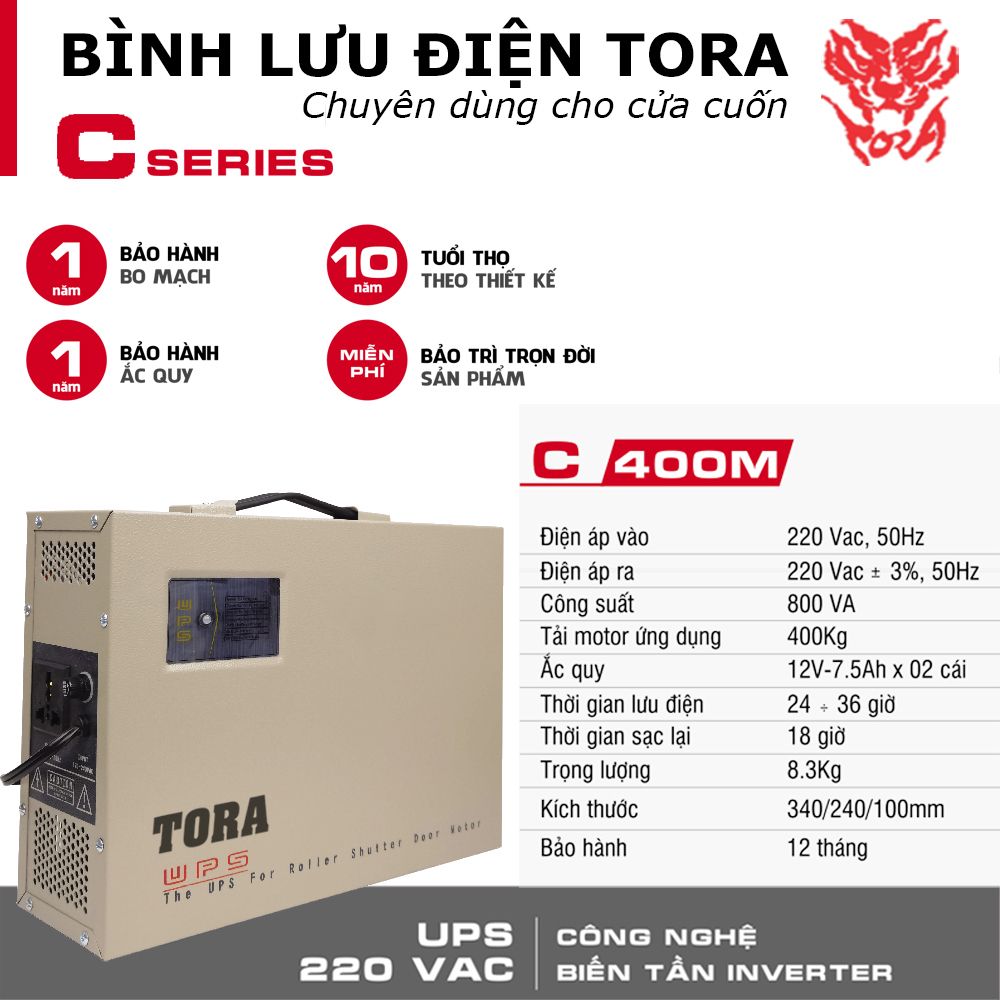 Bình lưu điện TORA C400M cho cửa cuốn tải Motor 400Kg