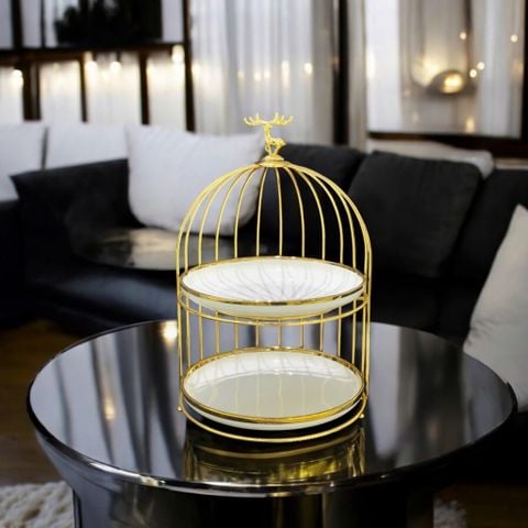  Khay 2 Tầng Golden Tori Hình Lồng Chim Sang Trọng – Thép Không Gỉ Mạ Vàng, Đĩa Trắng Marble Cao Cấp – Decor Bàn Tiệc Trà, Bánh Kẹo, Trái Cây 