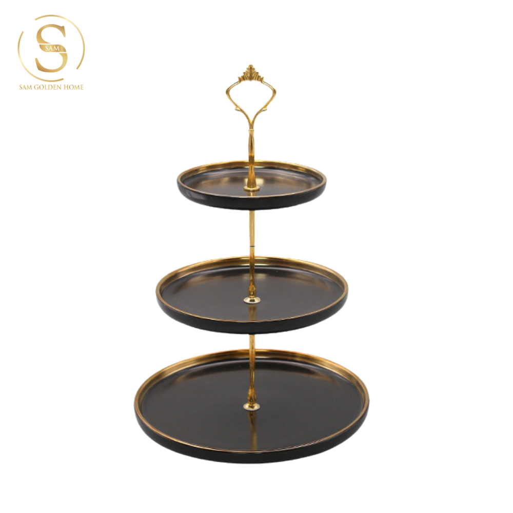Khay 3 Tầng Papier Gốm Sứ Men Đen Viền Vàng – Sang Trọng Hiện Đại – Đựng Bánh Kẹo, Trái Cây, Decor Bàn Tiệc, Bàn Ăn Nhà Bếp