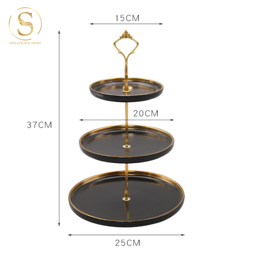 Khay 3 Tầng Papier Gốm Sứ Men Đen Viền Vàng – Sang Trọng Hiện Đại – Đựng Bánh Kẹo, Trái Cây, Decor Bàn Tiệc, Bàn Ăn Nhà Bếp