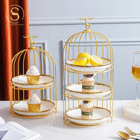  Khay Đựng Đồ Ăn 3 Tầng Golden Tori Lồng Chim Sang Trọng – Thép Không Gỉ Mạ Vàng Cao Cấp, Đĩa Trắng Marble – Decor Bàn Tiệc Trà, Bánh Kẹo, Trái Cây 