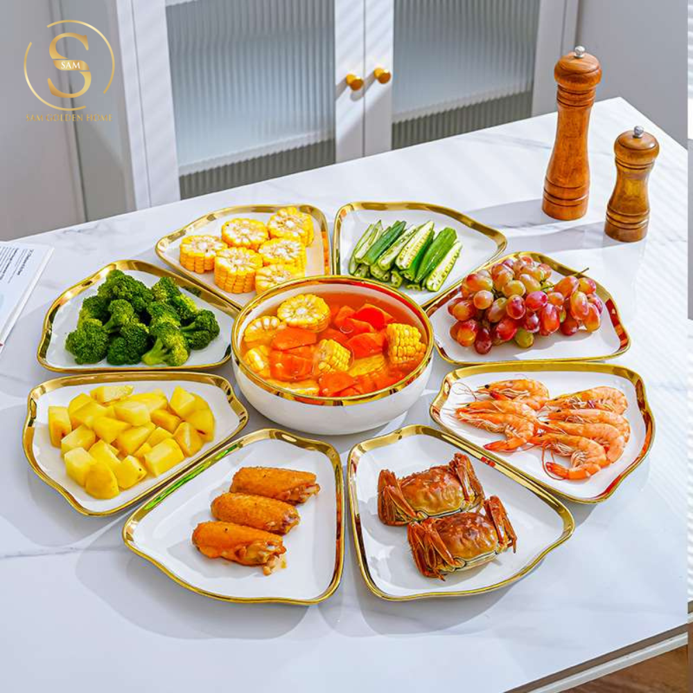Bộ Tô Chén Đĩa Daffy Gốm Sứ Cao Cấp Viền Vàng Sang Trọng 49 Món