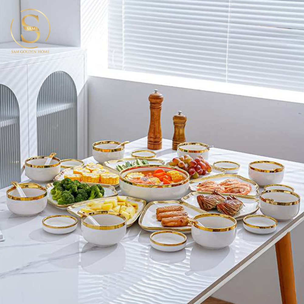 Bộ Tô Chén Đĩa Daffy Gốm Sứ Cao Cấp Viền Vàng Sang Trọng 49 Món