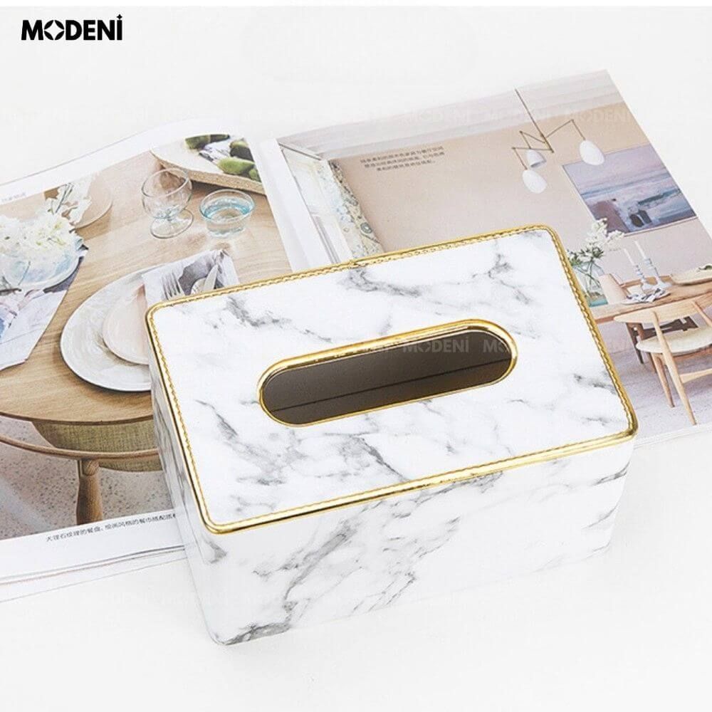 Hộp khăn giấy Sapi Trắng Vân Đá Da PU cao cấp hiện đại cho phòng khách và văn phòng Trọng