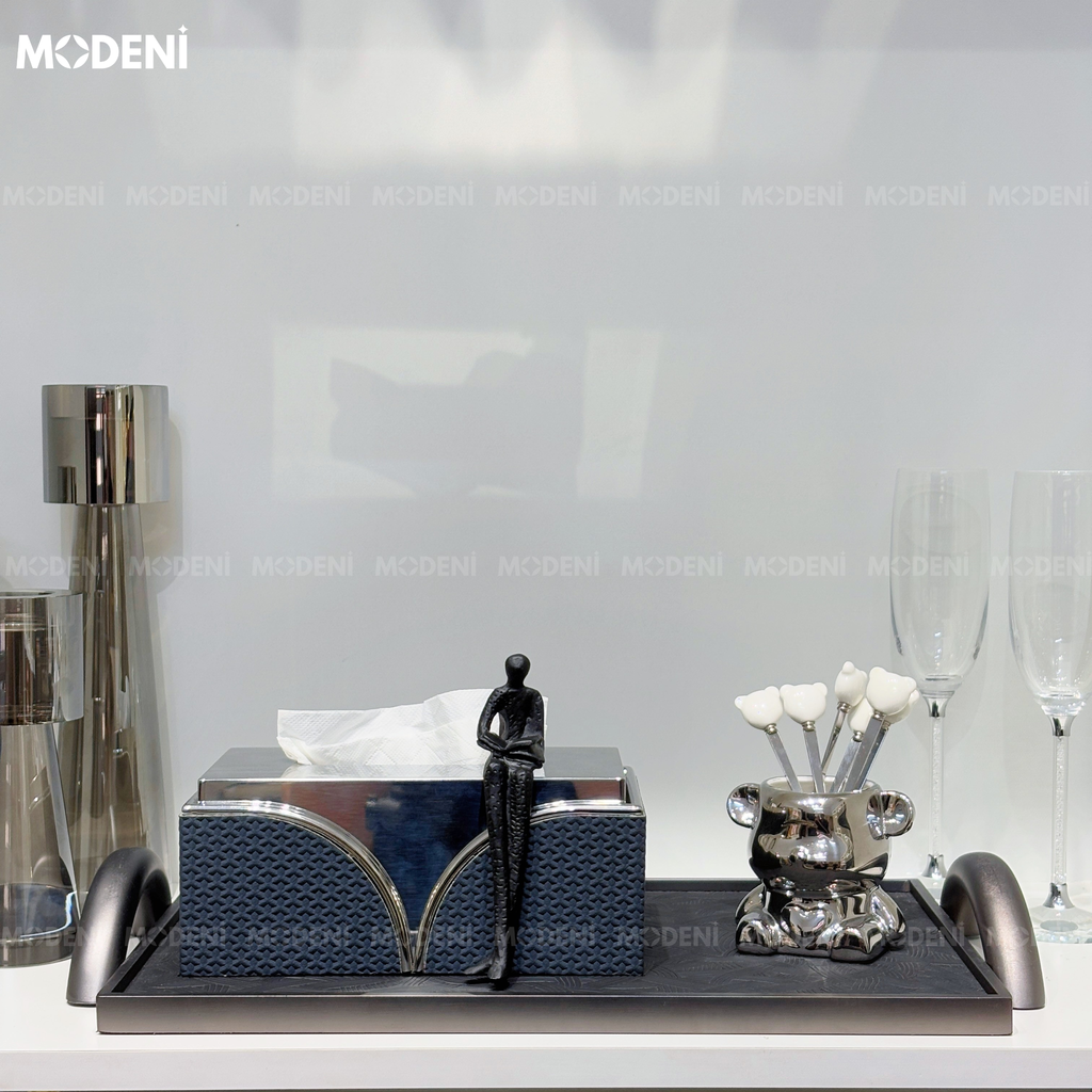 Khay Chữ Nhật Clitus Đen – Khay Decor Sang Trọng Hiện Đại – Phối Vân Nổi Chống Thấm, Tay Cầm Mạ Kim Sáng Bóng – Phù Hợp Trang Trí Bàn Sofa, Console, Quầy Bar