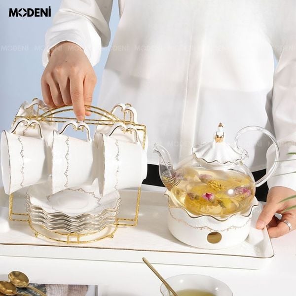  Bộ Ấm Trà Alice Sứ Tráng Men/Thủy Tinh Cao Cấp Kèm Khay Đựng Đế Nến Giữ Nhiệt Sang Trọng Phong Cách Châu Âu 
