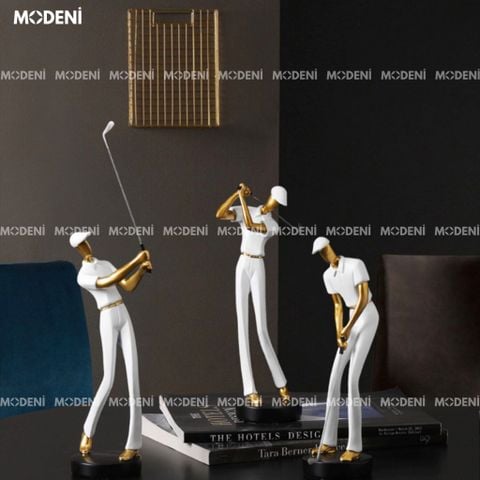 Set tượng Golf Boss màu trắng phối vàng hiện đại đặt trên bàn decor sang trọng.