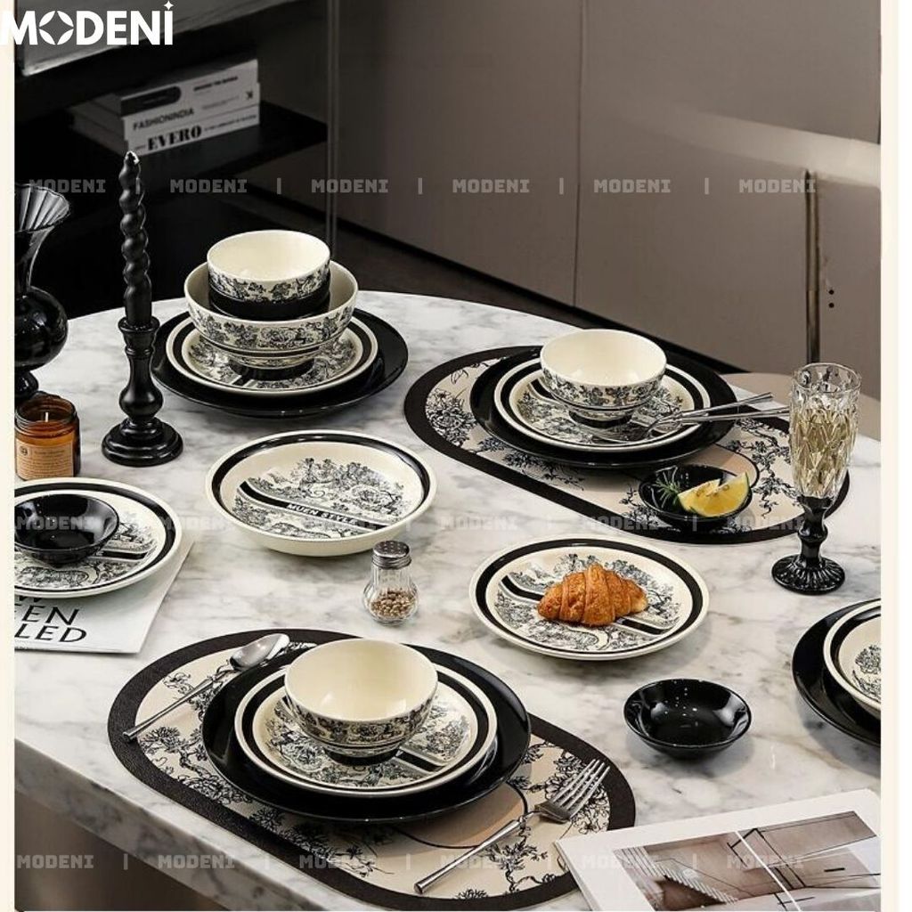 Bộ Chén Đĩa Sứ Trắng Đen Cao Cấp Dioria Nghệ Thuật In Chìm – Phong Cách Cổ Điển Đậm Chất Âu – Phù Hợp Bàn Ăn Gia Đình & Quà Tặng Sang Trọng