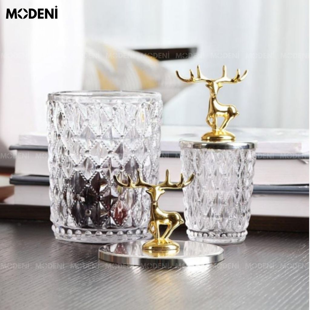 Set 2 Lọ Đựng Kẹo Thuỷ Tinh Patronus Cao Cấp – Nắp Tuần Lộc Mạ Vàng, Sang Trọng, Dùng Decor & Bàn Tiệc