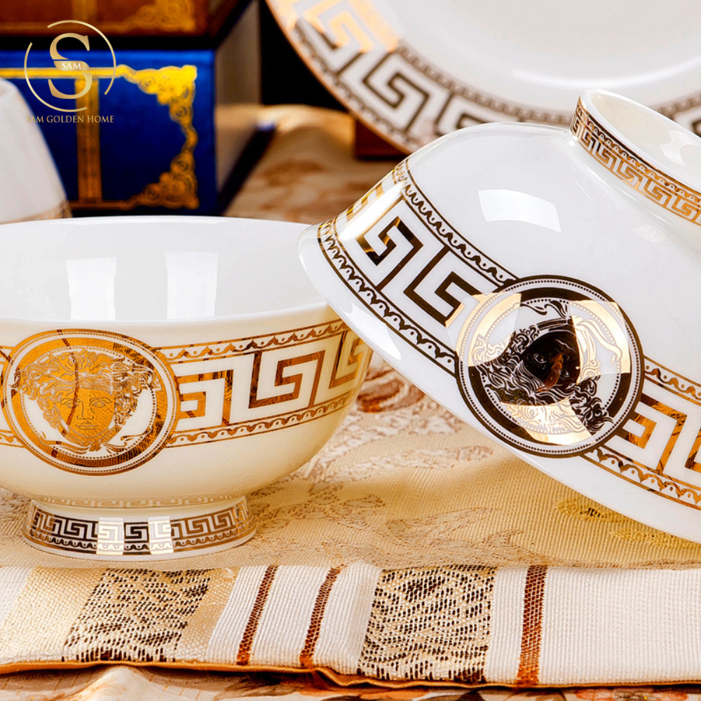 Bộ Tô Chén Đĩa V Luxury Sứ Xương Cao Cấp Viền Vàng Quà Tặng Tân Gia Sang Trọng