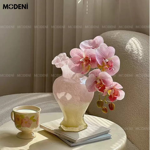 Bình hoa thủy tinh Jena loang màu hồng kem dịu dàng