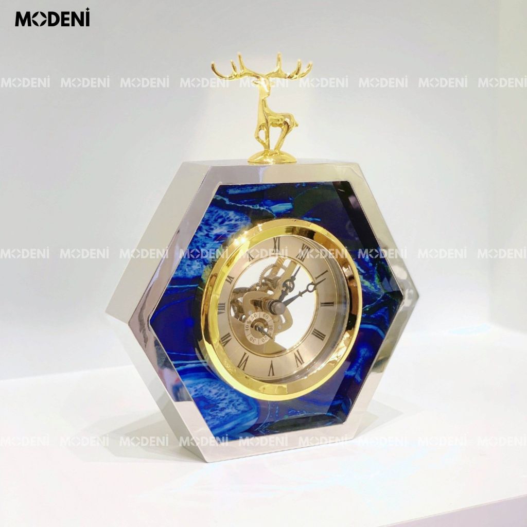 Đồng Hồ Bluey Lục Giác Cao Cấp – Mặt Số La Mã – Phối Đá Xanh Sang Trọng – Phù Hợp Decor Bàn, Kệ, Phòng Làm Việc