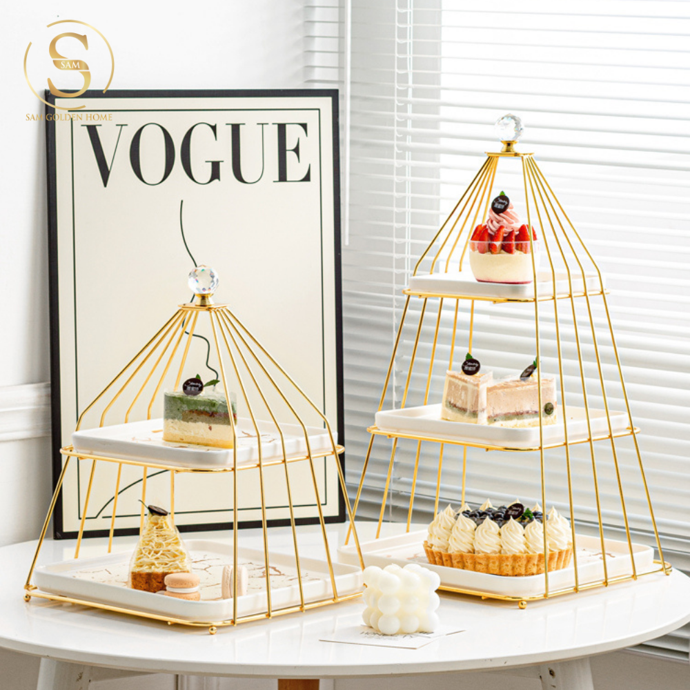 Khay 3 Tầng Bondine – Khung Vàng Đĩa Trắng Marble Sang Trọng, Decor Tiệc Trà Châu Âu