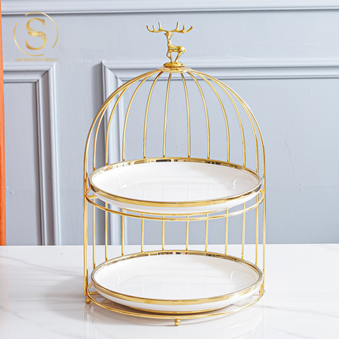  Khay 2 Tầng Golden Tori Hình Lồng Chim Sang Trọng – Thép Không Gỉ Mạ Vàng, Đĩa Trắng Marble Cao Cấp – Decor Bàn Tiệc Trà, Bánh Kẹo, Trái Cây 