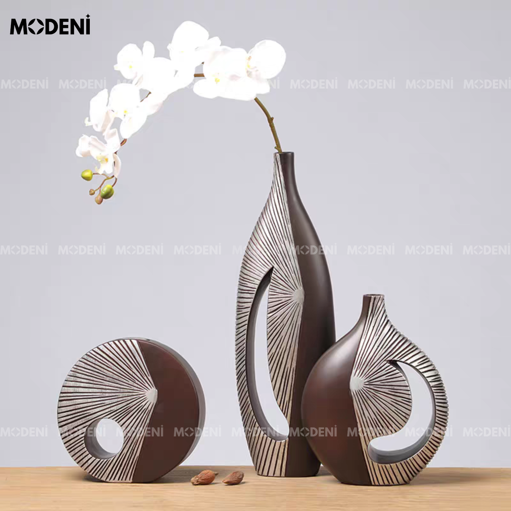 Bình Hoa Sứ Horizon Cao Cấp Hiện Đại Họa Tiết 3D | Tạo Hình Khối Ánh Kim Nghệ Thuật – Decor Bàn Console, Kệ Tủ Nổi Bật