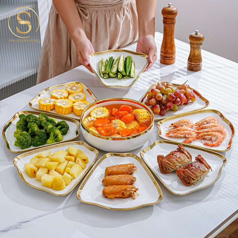 Bộ Tô Chén Đĩa Daffy Gốm Sứ Cao Cấp Viền Vàng Sang Trọng 49 Món