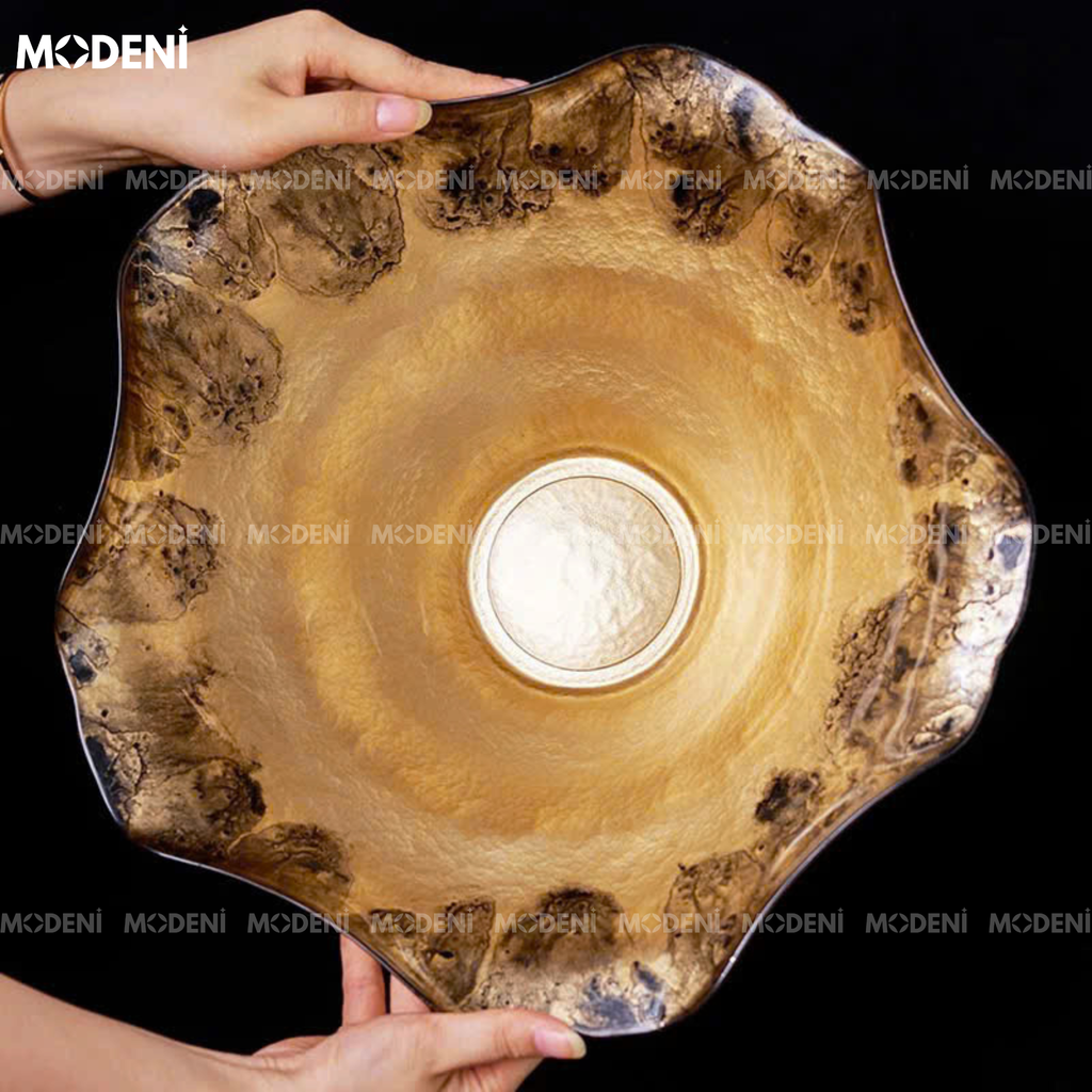 Tô Trái Cây Verno – Tô Trang Trí Thủy Tinh Cao Cấp Nâu Vân Đốm – Thiết Kế Nghệ Thuật Bo Mềm – Phù Hợp Decor Bàn Console, Phòng Khách