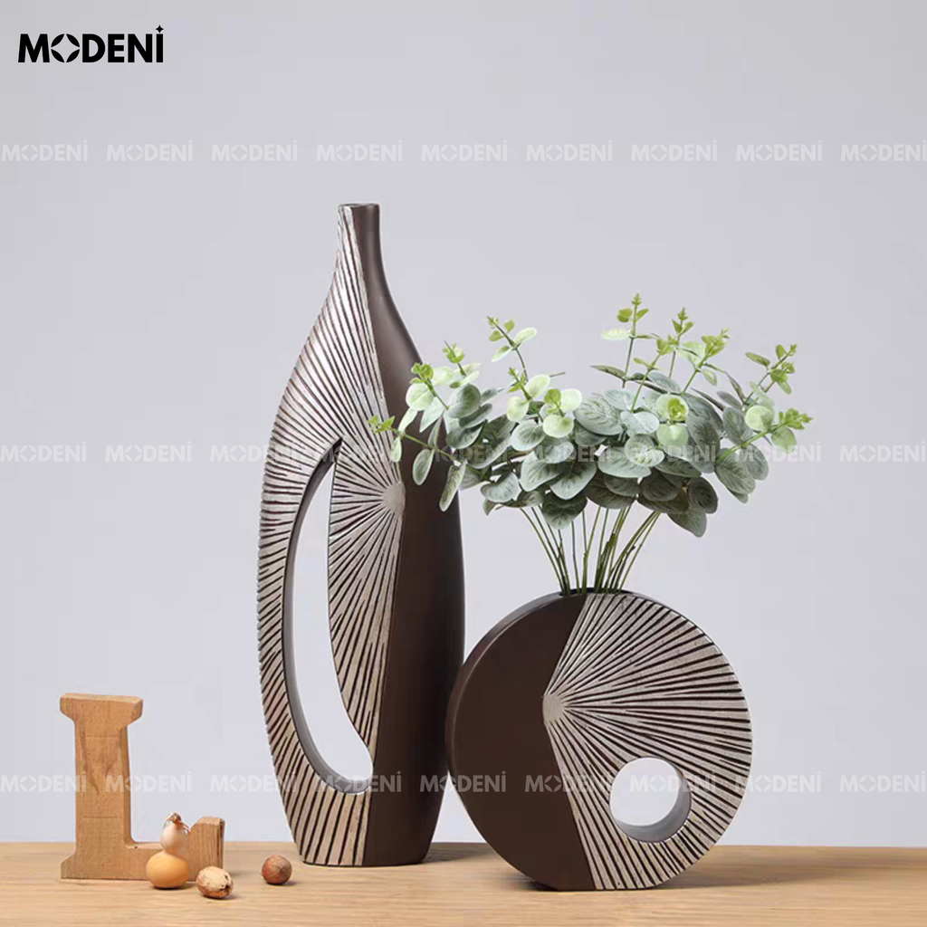 Bình Hoa Sứ Horizon Cao Cấp Hiện Đại Họa Tiết 3D | Tạo Hình Khối Ánh Kim Nghệ Thuật – Decor Bàn Console, Kệ Tủ Nổi Bật
