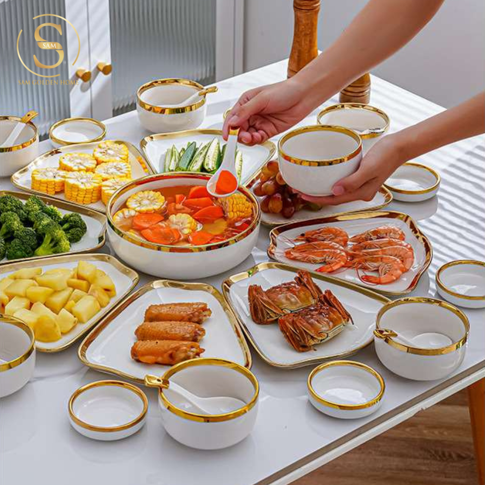 Bộ Tô Chén Đĩa Daffy Gốm Sứ Cao Cấp Viền Vàng Sang Trọng 49 Món