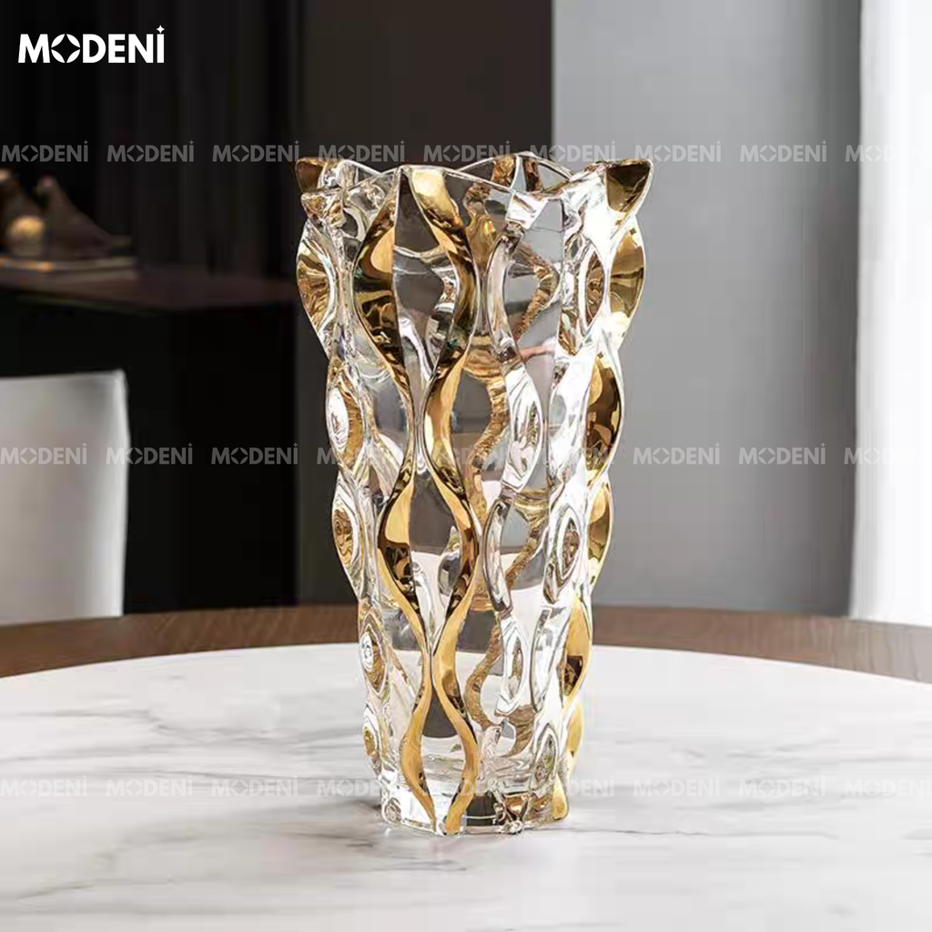 Bình Hoa Pha Lê Elysian – Lọ Hoa Trang Trí Cao Cấp Ánh Vàng – Kích Thước 28x14.5cm, Phù Hợp Decor Bàn Tiệc Sang Trọng