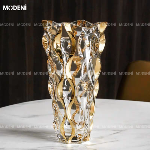 Bình hoa pha lê Elysian góc chính diện, lấp lánh ánh vàng cao cấp