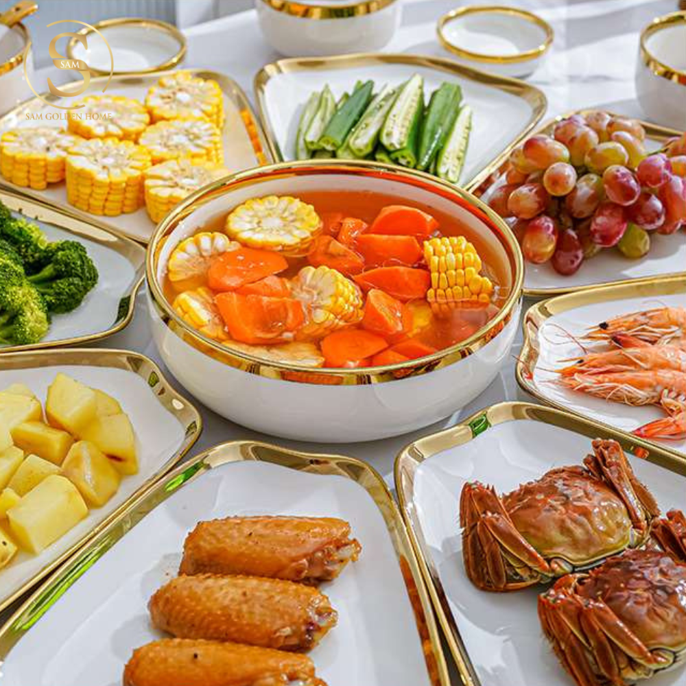 Bộ Tô Chén Đĩa Daffy Gốm Sứ Cao Cấp Viền Vàng Sang Trọng 49 Món