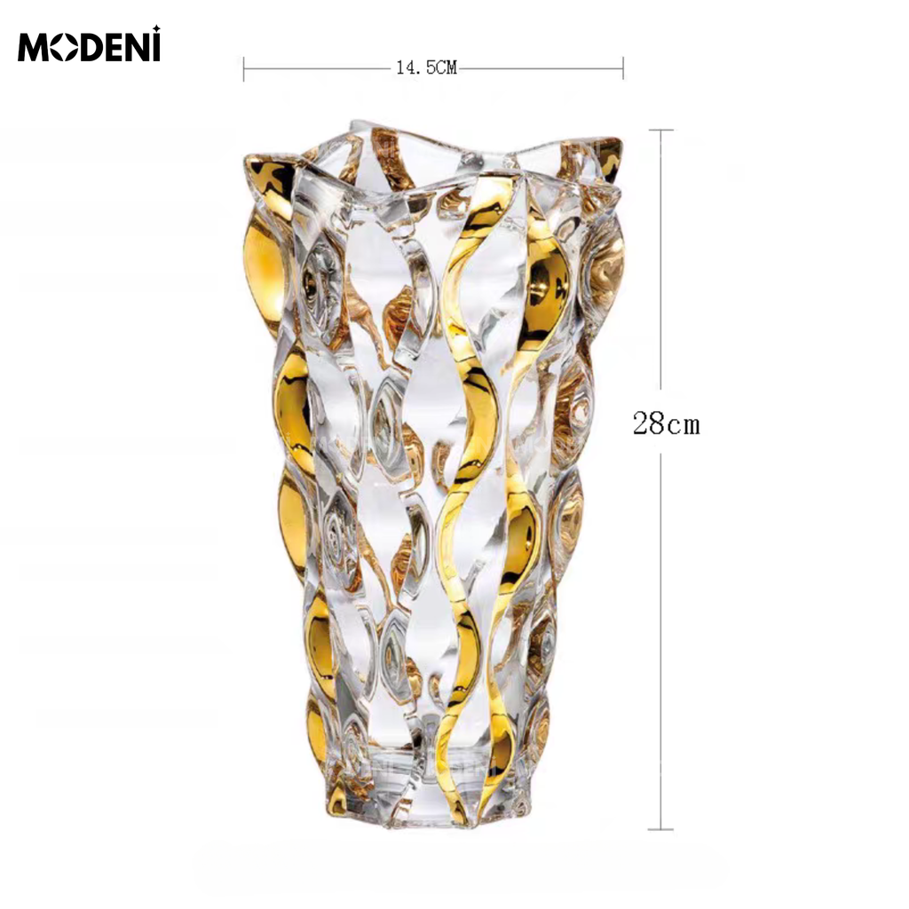 Bình Hoa Pha Lê Elysian – Lọ Hoa Trang Trí Cao Cấp Ánh Vàng – Kích Thước 28x14.5cm, Phù Hợp Decor Bàn Tiệc Sang Trọng