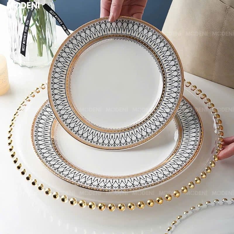 Bộ chén đĩa Aura sứ cao cấp 21 món – họa tiết viền vàng đen tinh xảo – dùng được lò vi sóng, bàn ăn hiện đại