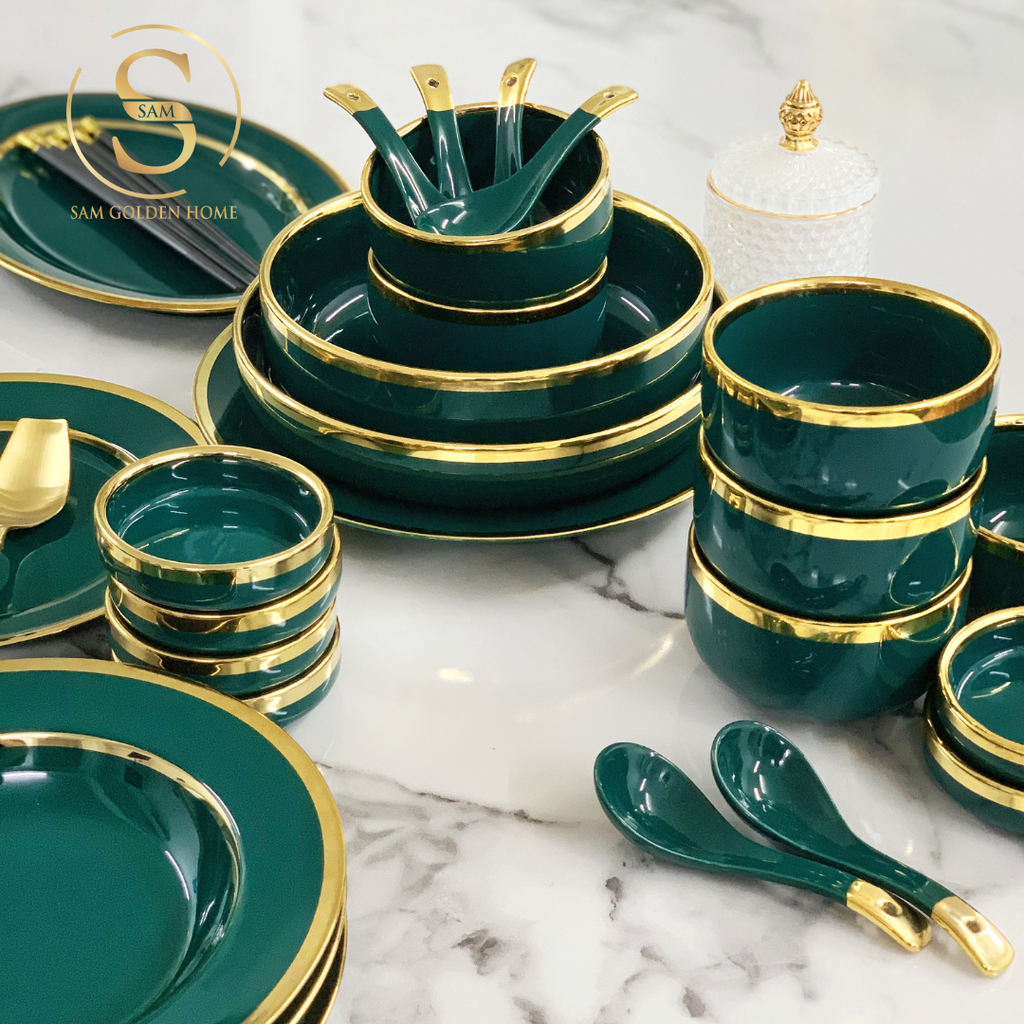 Bộ Tô Chén Đĩa Viền Vàng Nortylis Màu Xanh Emerald Gốm Sứ Cao Cấp Phong Cách Hiện Đại Châu Âu Quà Tặng Tân Gia